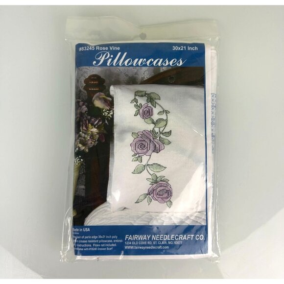 NEW Fairway Needlecraft #83245 ROSE VINE Embroidery Cross Stitch Pillowcase Kit - Picture 2 of 10
